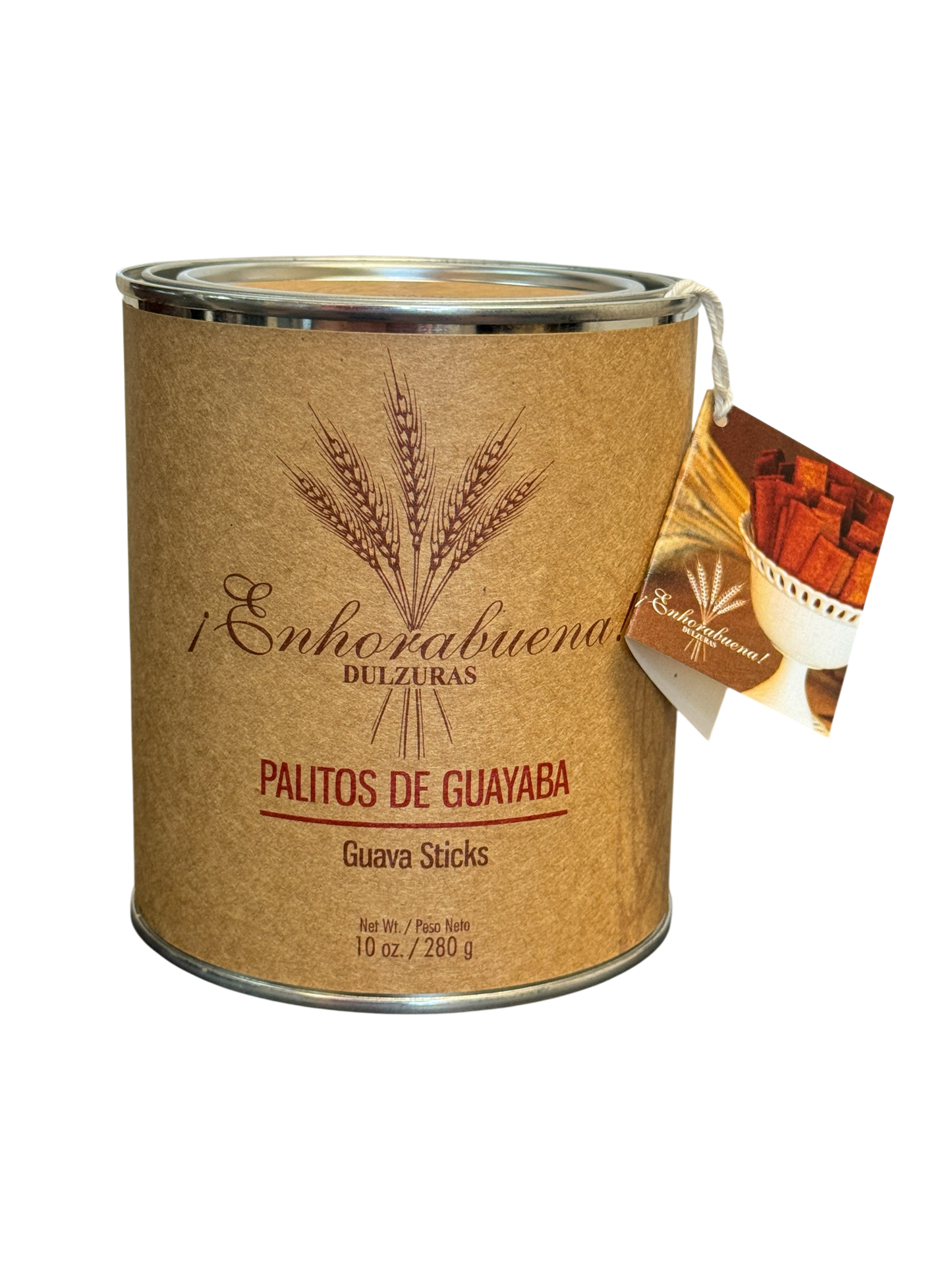 Canister of ¡Enhorabuena! Dulzuras Palitos de Guayaba (Guava Sticks), a traditional sweet pastry snack weighing 280 grams (10 ounces).