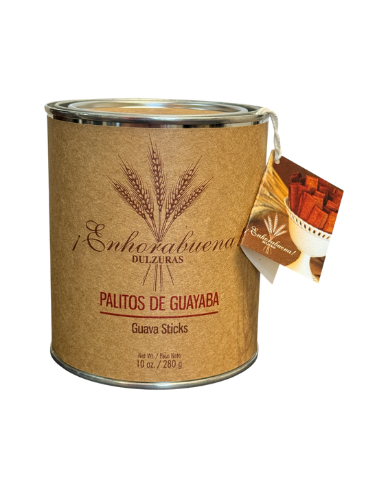 Canister of ¡Enhorabuena! Dulzuras Palitos de Guayaba (Guava Sticks), a traditional sweet pastry snack weighing 280 grams (10 ounces).