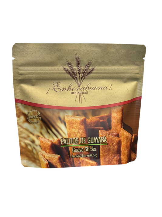 Packaged pouch of ¡Enhorabuena! Dulzuras Palitos de Guayaba (Guava Sticks), a traditional sweet pastry snack weighing 51 grams (1.8 ounces).