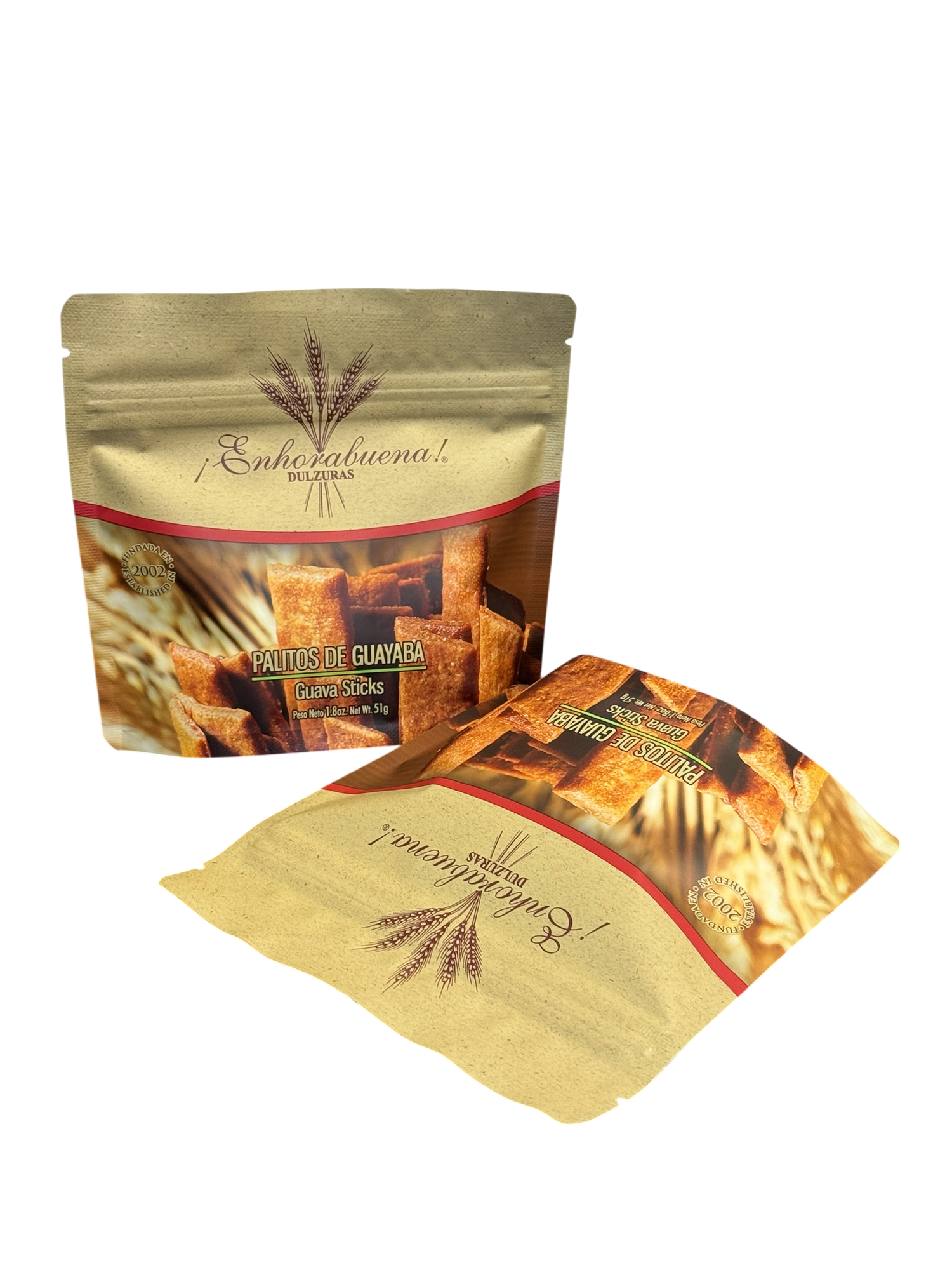Two pouches of ¡Enhorabuena! Dulzuras Palitos de Guayaba (Guava Sticks) 51g (1.8 oz), showing front and top packaging details, Thin Guava Cookies.