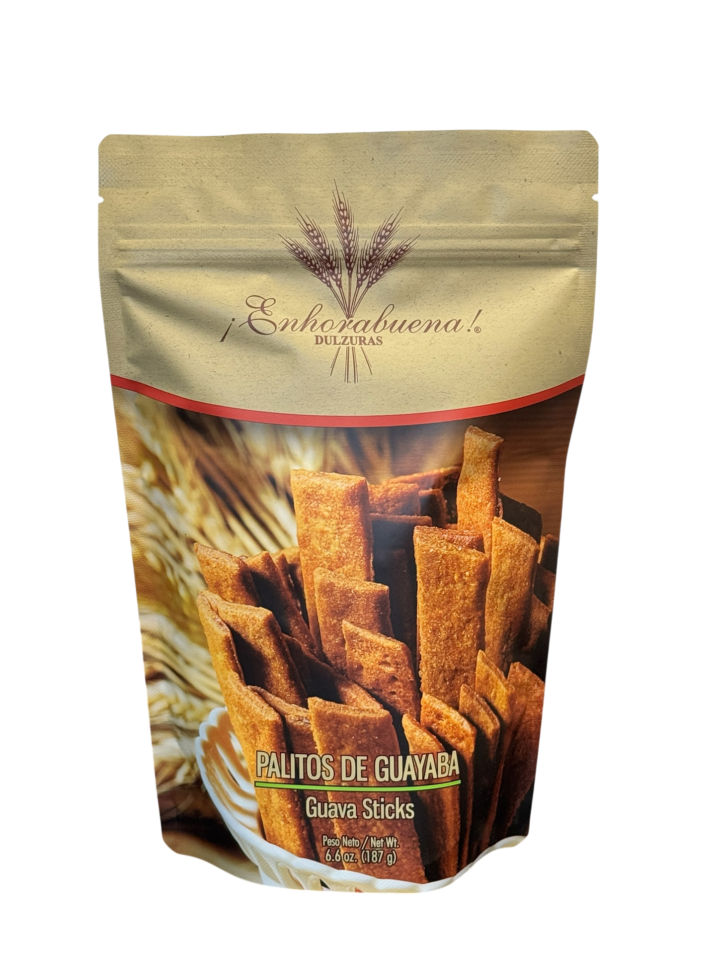 Packaged pouch of ¡Enhorabuena! Dulzuras Palitos de Guayaba (Guava Sticks), a traditional sweet pastry snack weighing 187 grams (6.6 ounces)