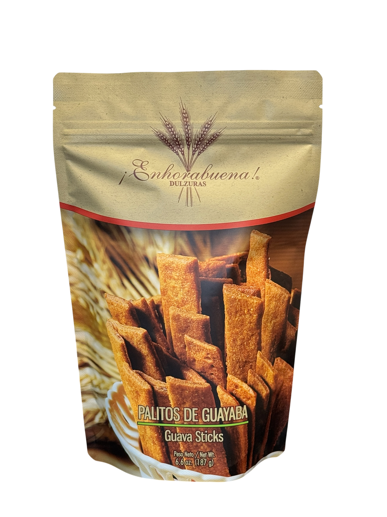 Packaged pouch of ¡Enhorabuena! Dulzuras Palitos de Guayaba (Guava Sticks), a traditional sweet pastry snack weighing 187 grams (6.6 ounces)