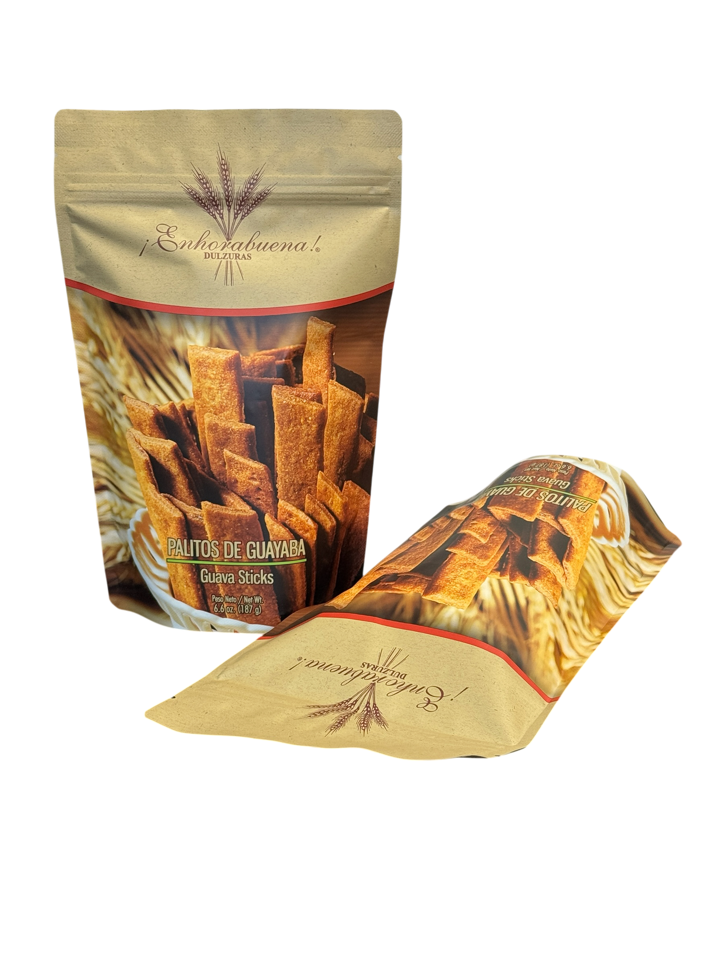 Two pouches of ¡Enhorabuena! Dulzuras Palitos de Guayaba (Guava Sticks) 187g (6.6 oz), showing front and top packaging details, Thin Guava Cookies.