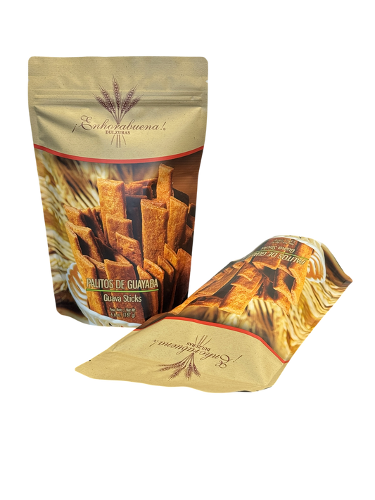 Two pouches of ¡Enhorabuena! Dulzuras Palitos de Guayaba (Guava Sticks) 187g (6.6 oz), showing front and top packaging details, Thin Guava Cookies.