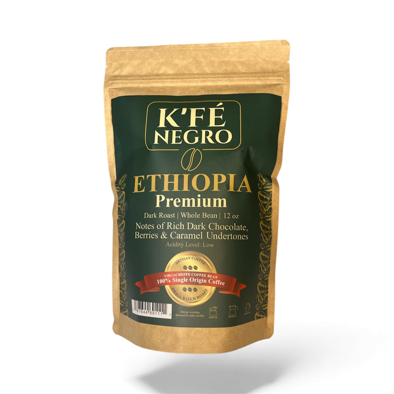 K’FE Negro Premium Ethiopia Yirgacheffe Coffee Beans, Dark Roast Whole Bean, Single Origin, 12 oz