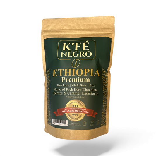 K’FE Negro Premium Ethiopia Yirgacheffe Coffee Beans, Dark Roast Whole Bean, Single Origin, 12 oz