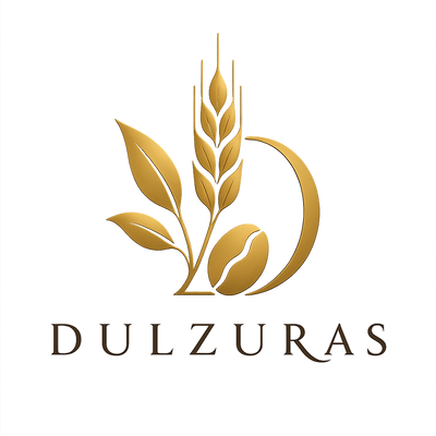 A gold-colored logo featuring wheat, tea leaves, a coffee bean, and a crescent moon above the brand name 'DULZURAS' in dark brown serif lettering, set against a plain white background.
