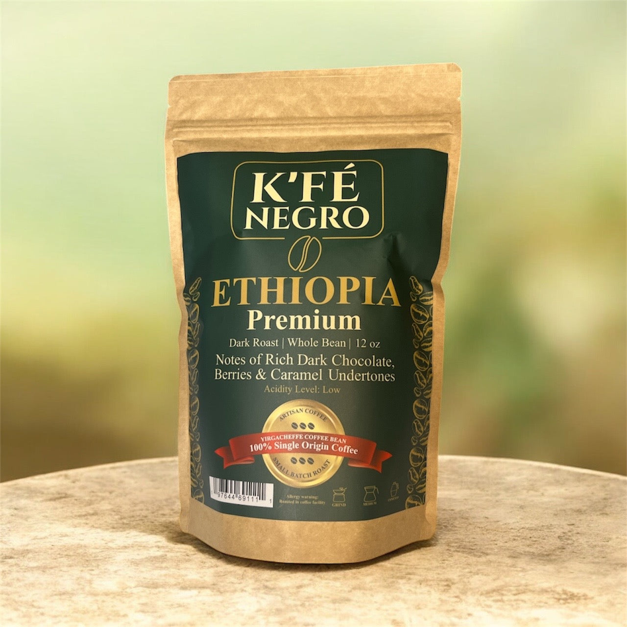 K’FE Negro Premium Ethiopia Yirgacheffe Coffee Beans, Dark Roast Whole Bean, Single Origin, 12 oz